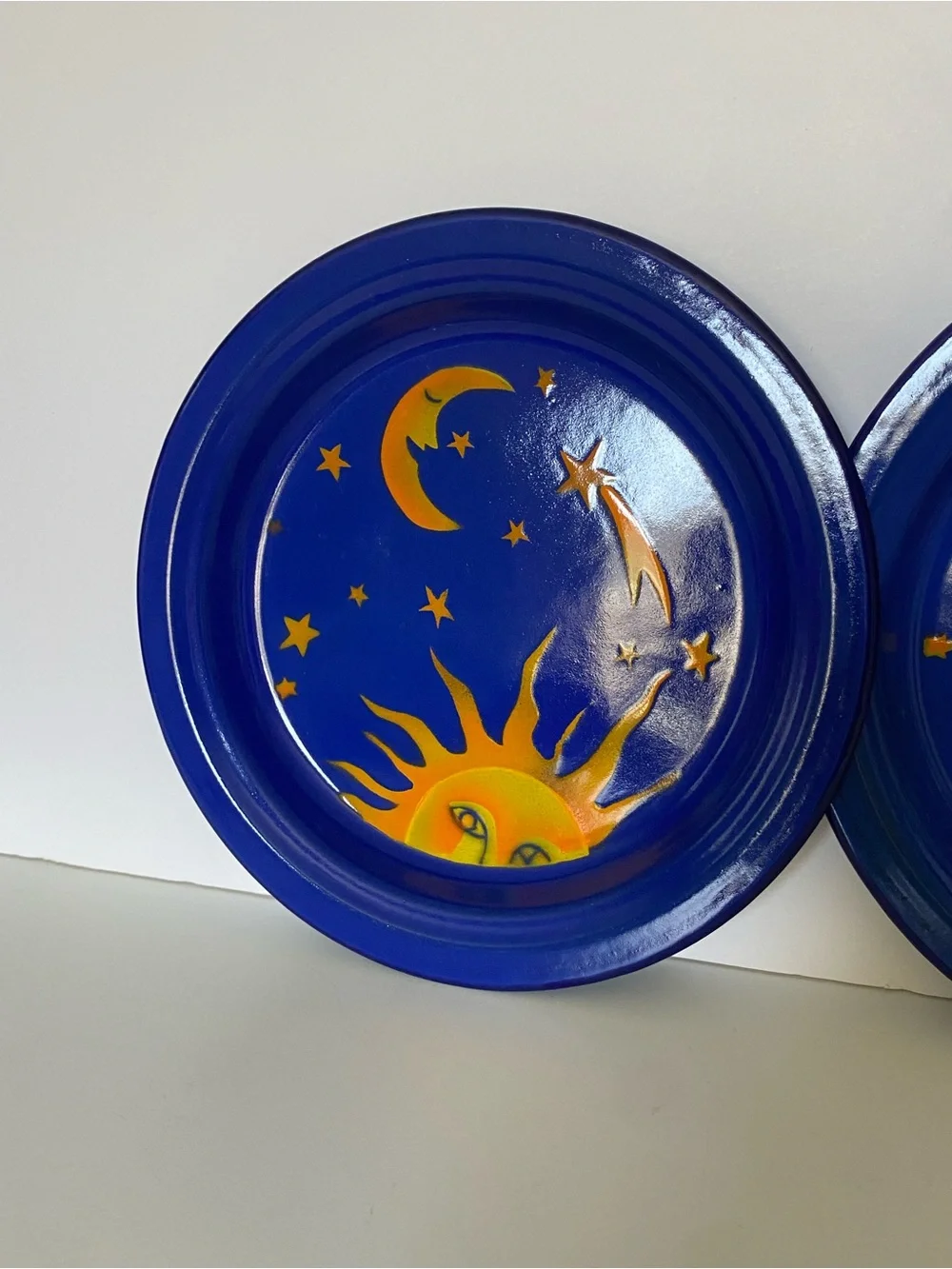 Vintage Kockums Sweden Enamelware 2 Plates Celestial Sun Noon Stars 8.75” Blue